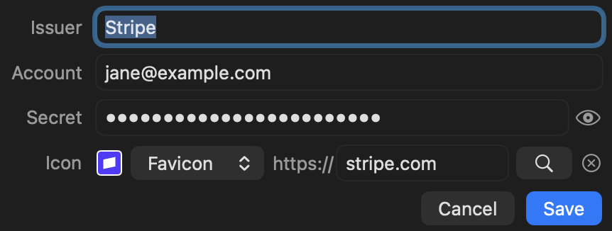 An account open for editing: labelled issuer, account, masked secret and icon fields, with Cancel and Save