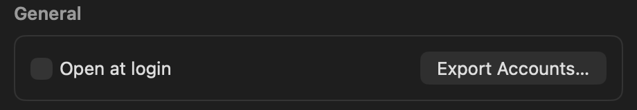 The General section of Settings: an Open at login checkbox and an Export Accounts button