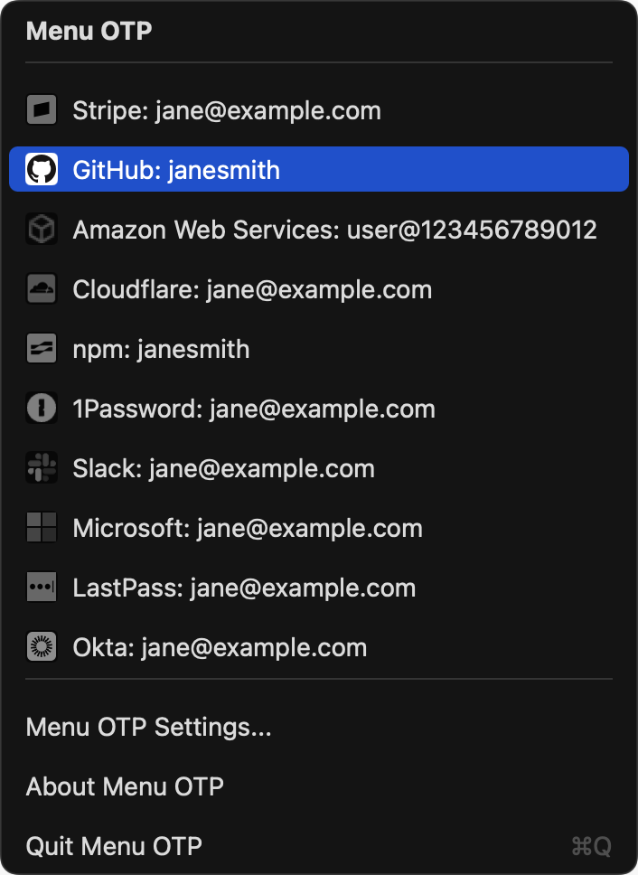 The Menu OTP menu: its title, then accounts with their service icons, with GitHub highlighted