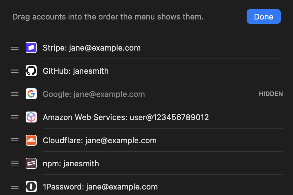 Settings in reorder mode: accounts with drag handles and a Done button