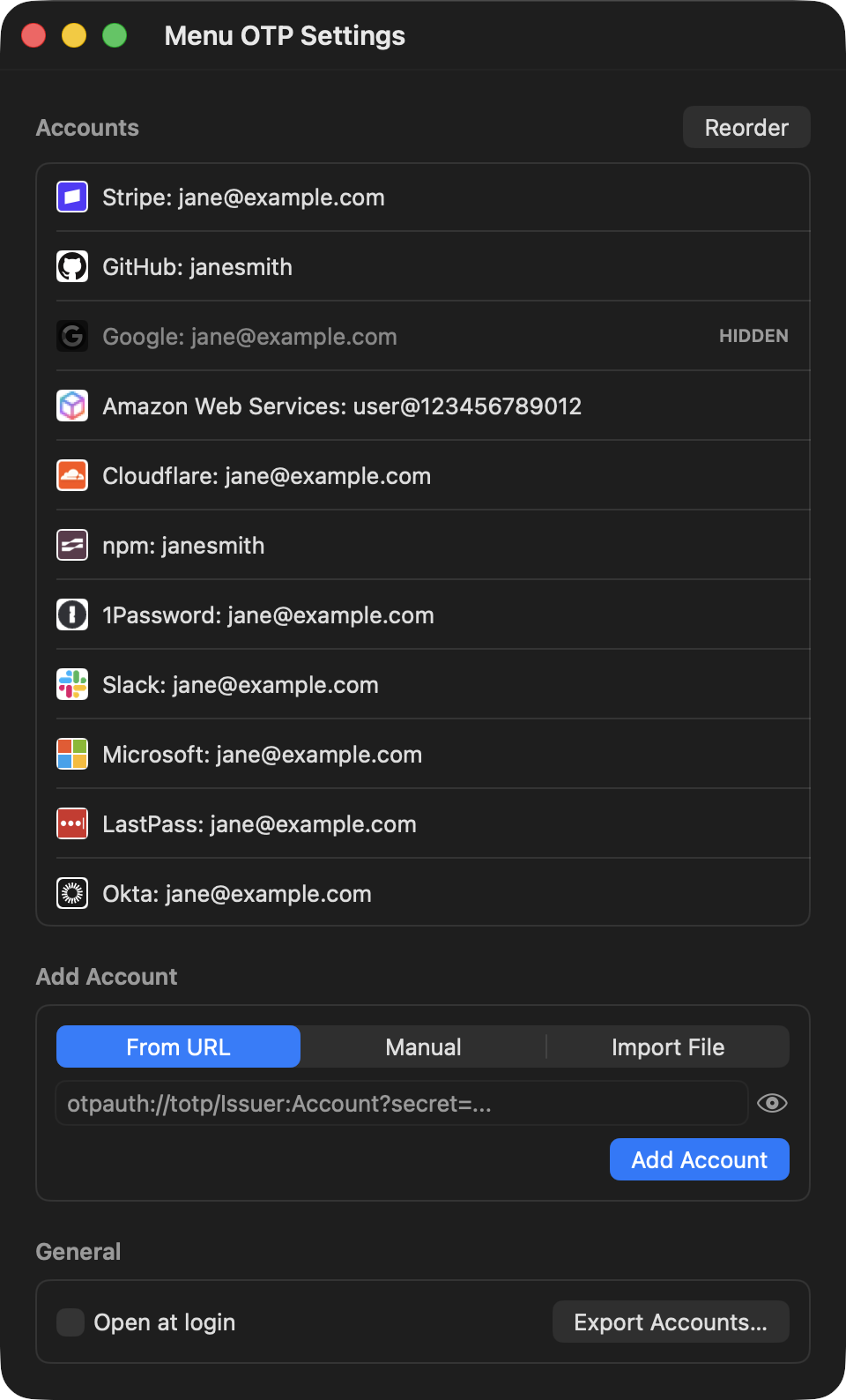 The Menu OTP Settings window: accounts with icons, one marked Hidden, then the Add Account form, then General with Open at login and Export Accounts